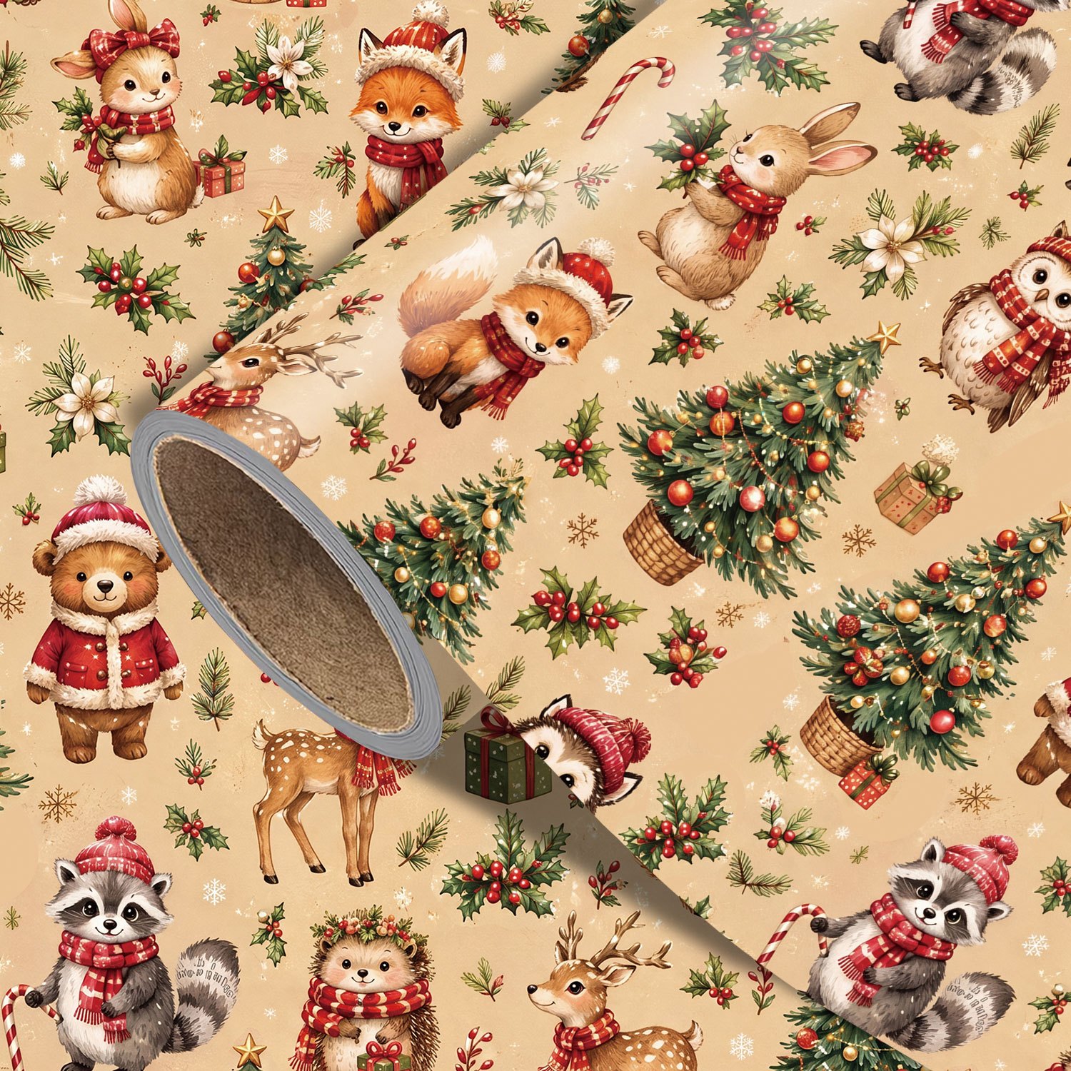 TEMU Rouleau de Papier Cadeau de Noël à Animaux - Mesure 17,7 Pouces × 118 Pouces, de Style Vintage avec , , Lapins et Laveurs, Parfait pour Emballer