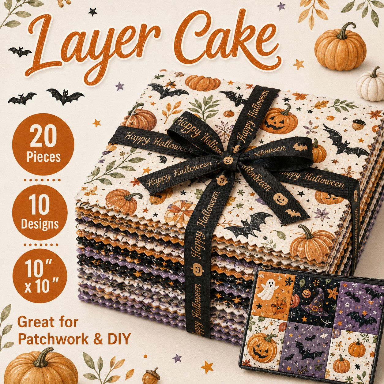 10x10 inch warm orange cute pumpkin bat ghost halloween precut fabric squares 20 matching prints sewing cloth