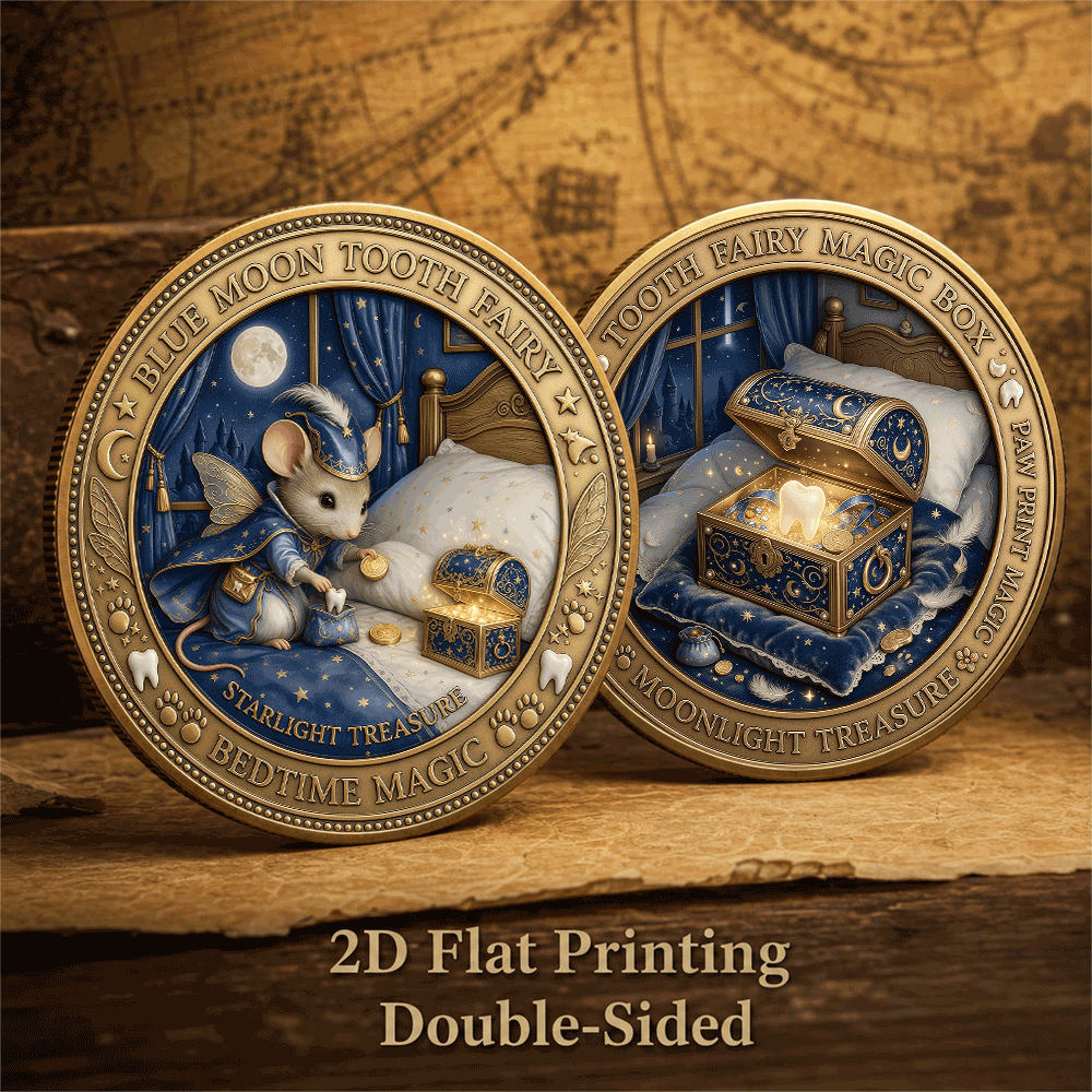 TEMU 1pc Souris de dent bleue 2D Nuit Coffre au Dent Pièce commémorative 40Mm Impression couleur Timbre commémoratif Bénédiction Pièce de jeu Cadeau