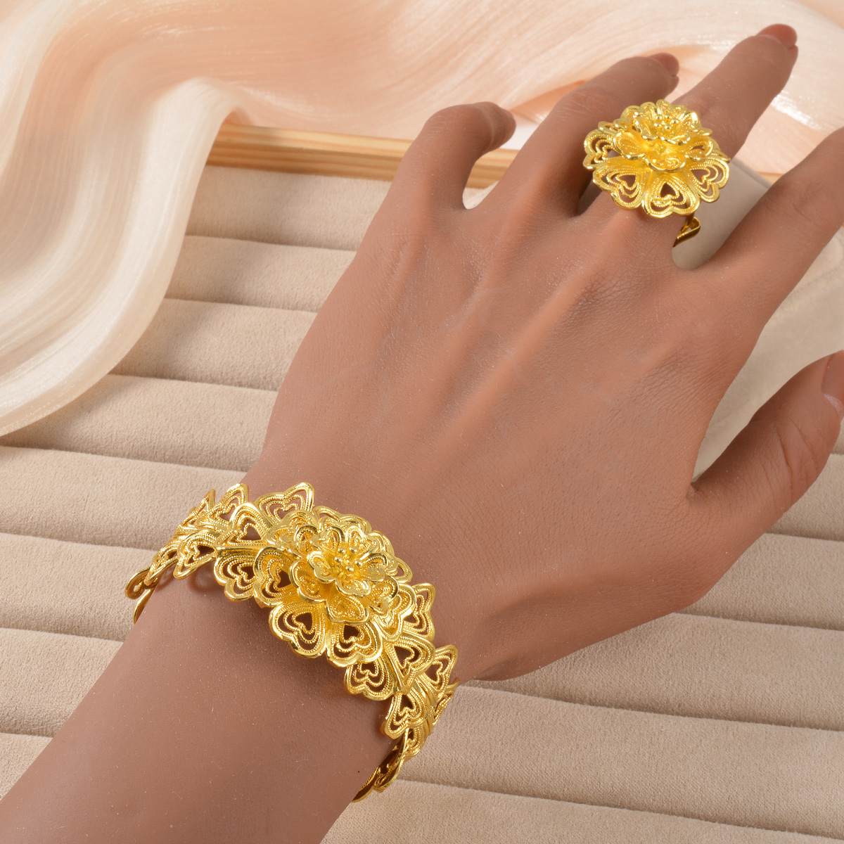 Middle Eastern Vintage Floral Patchwork Bangle & Ring Set