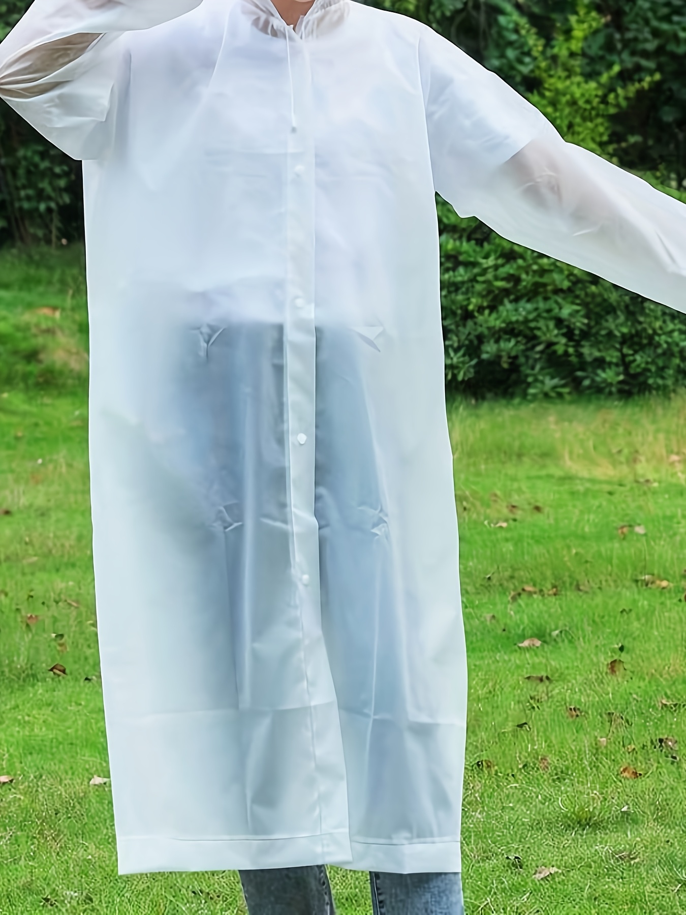 stylish hooded high quality raincoat reusable thick eva insulated windbreaker with adjustable drawstring and button closure semi transparent long sleeve   suitable for hiking outdoor activities daily commuting adult use sporty design 120cm length 70cm sleeve length 70cm waist size Product details 2