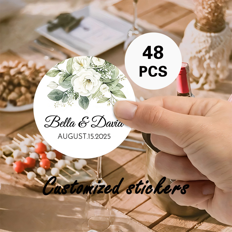 TEMU Custom 48/96pcs Wedding Round Stickers, Personalizable With Name, Date, Etc. White Floral “names And Date” Design. Suitable For Party Favors,