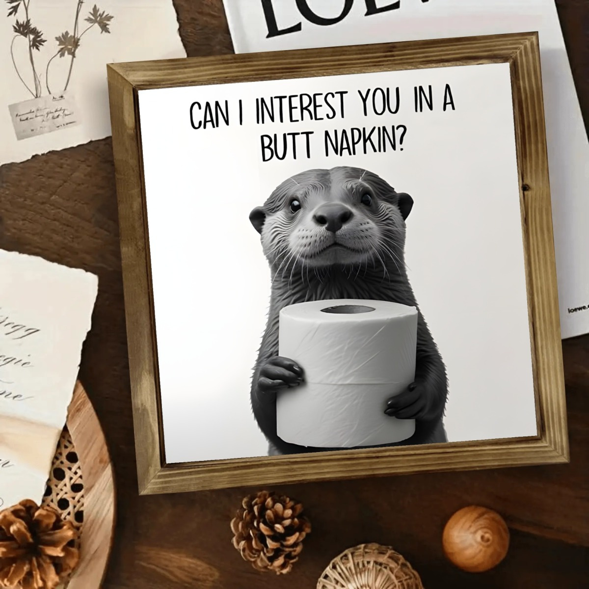TEMU 8x8 Inch Funny Otter Bathroom Decor | "can I You In A Napkin?" - Vintage Humor Wooden Wall Art, Decorative Sign, Plaque For Restrooms, Laundry