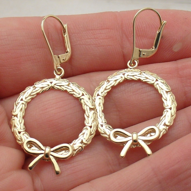 Vintage Circular Bow Flower Wreath Dangle Earrings, Handmade