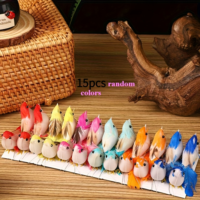TEMU Random Color 15pcs Artificial Bird Set With Feathers And Coils - Plastic Decorative Bird Sculptures For Home And Garden, No Electricity Required