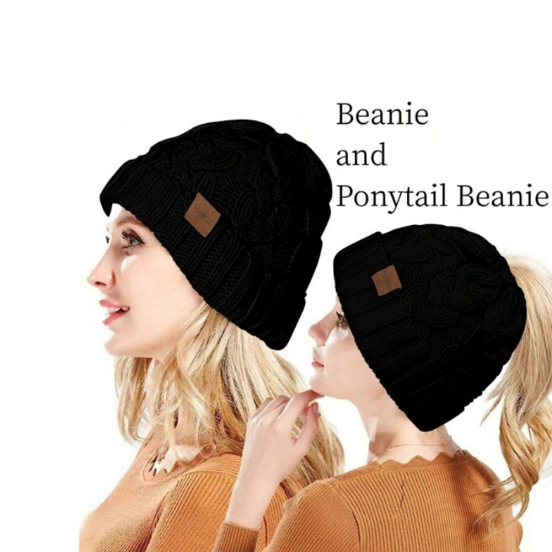 

1pc Elegant Women's Acrylic Cable Knit Beanie With Ponytail - Warm, Soft, Winter Hat For Cold Weather, Outdoor Sports, Christmas Gift