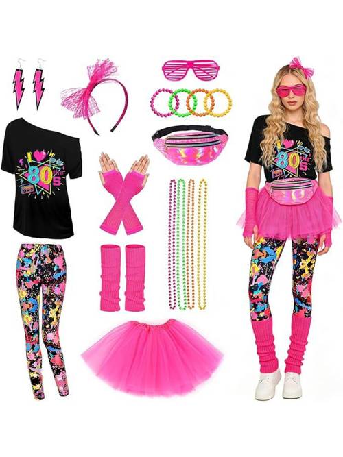 item picture vintage 80s neon party suit printed shoulder t shirt mesh skirt leggings full set of accessories disco ball halloween wear