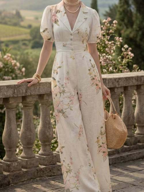 collared puff sleeve floral print waisted wide leg jumpsuit soft vintage style ideal for daily wear and casual vacation