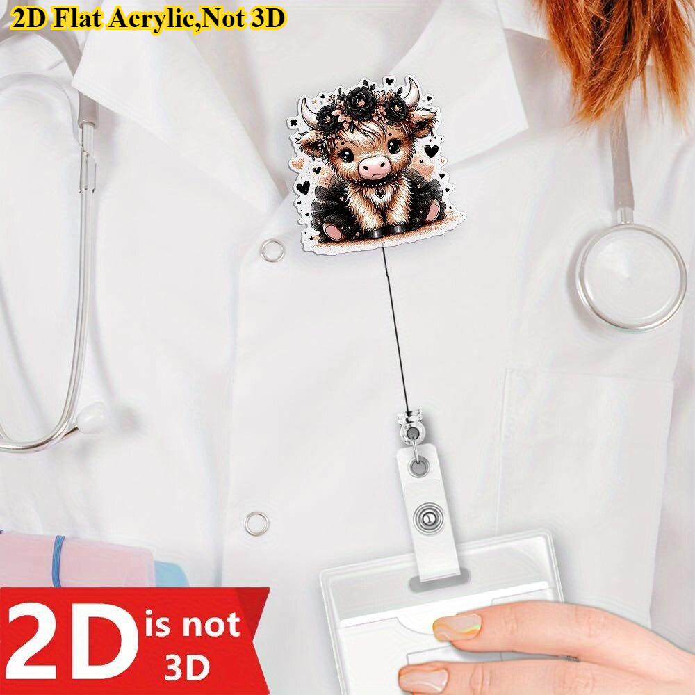 TEMU 2d 1pc Cute Scottish Highland Cow Id And Keychain - Expandable Retractable Nurse Name Tag With Lanyard Clip, Teacher Id Badge Holder, Suitable