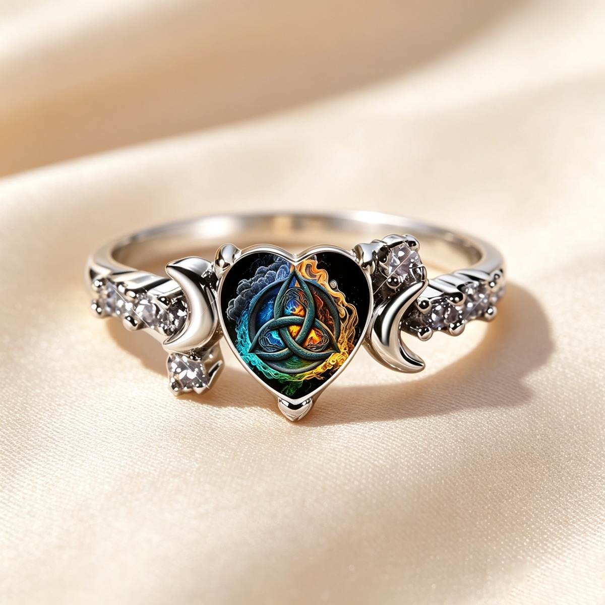 Celtic Triquetra Four Elements Heart Moon Adjustable Ring
