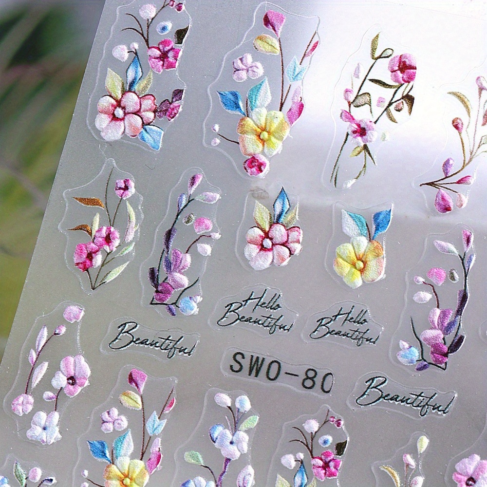 1sheet Colorful Flower Nail Stickers Blue Gradient Floral Print Leaves Romantic Nail Art Design Spring And Summer Self-adhesive Nail Decals Nail Art Decoration Nail Supplies