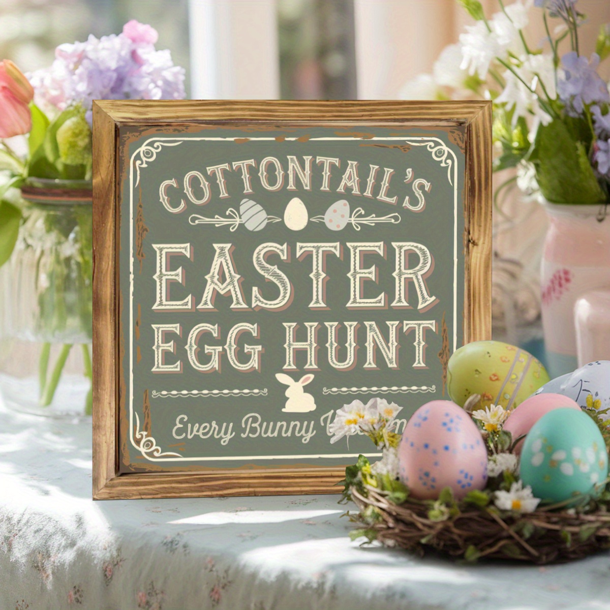 

1pc Classic Wooden Easter Egg Hunt Sign - Wall Hanging Decor For Home, Living Room, Bedroom, Farmhouse - Multipurpose, No Electricity Needed, Ideal Housewarming Gift, 8x8 Inch