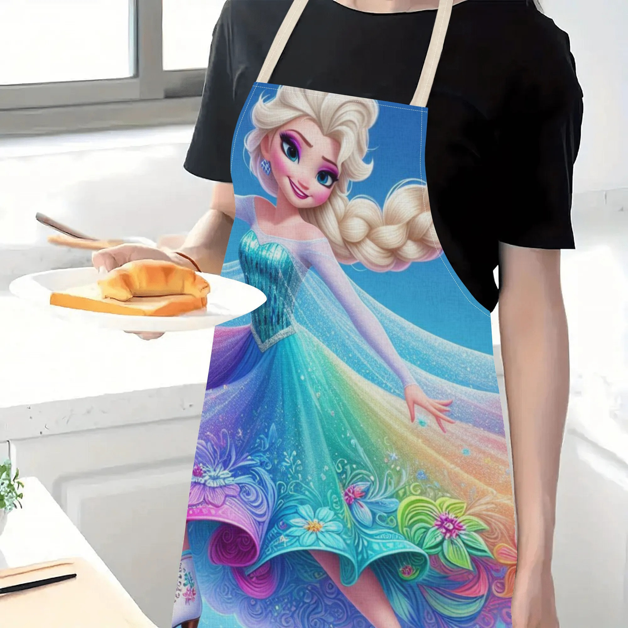 1pc disney   princess cartoon printed apron, waterproof polyester woven fabric, floral pattern, fashionable & elegant for hotel, supermarket, restaurant,  , milk tea stall, home use details 4