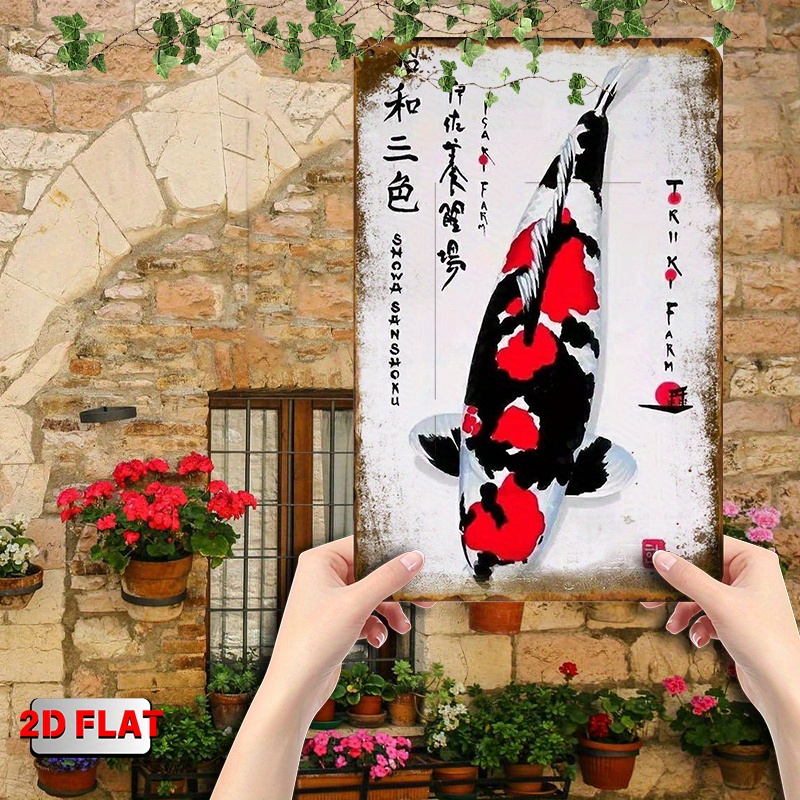 TEMU 2d Flat, 1pc Japanese Koi Fish Metal Wall Art - Traditional Black/red/white Koi Scale Design With Japanese Text, Durable Iron Indoor/outdoor
