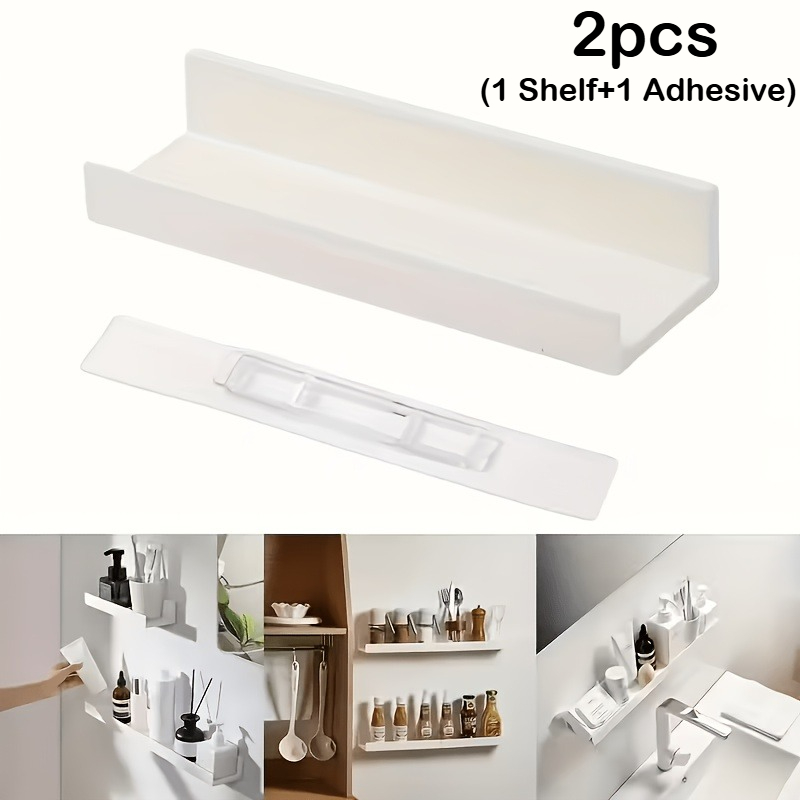 TEMU 2pcs Combination Style (shelf And Adhesive) Self-adhesive Wall-mounted Shelf, Multifunctional Storage Rack, Durable Plastic Bathroom Kitchen