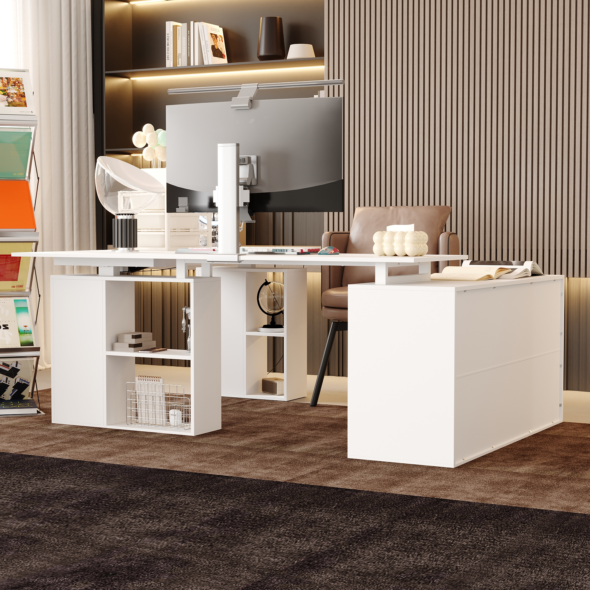 electric height adjustable standing computer desk with open storage shelves adjustable height office desk with with drawer administrative     white Product details 1