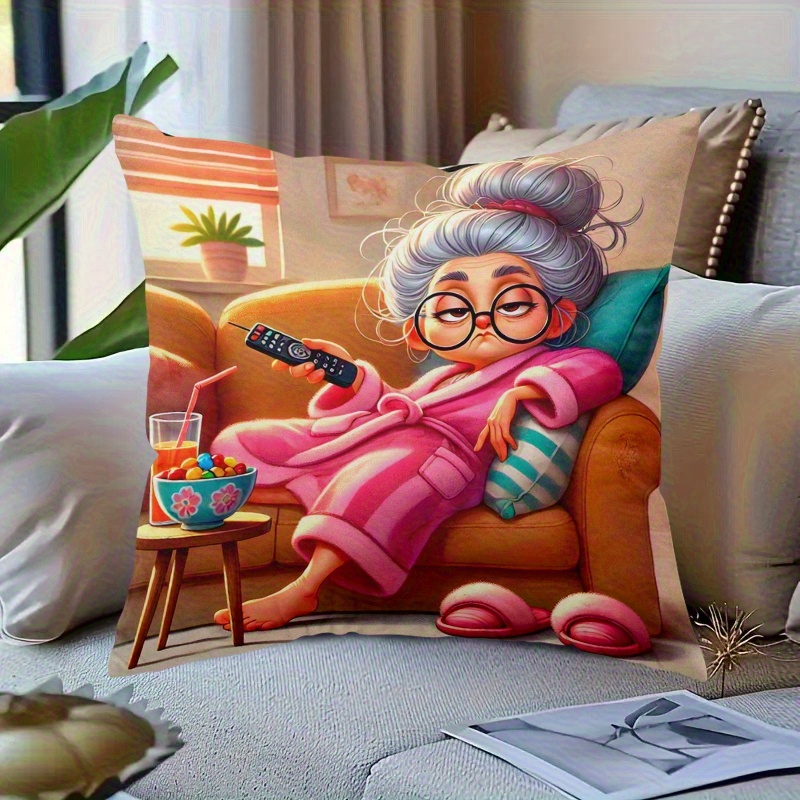 TEMU 1pc Chic Grandma Lounging On Couch Pillow Cover - Soft Polyester Plush, Smooth Texture, Single-sided Print, 17.7x17.7 Inches, Machine Washable,