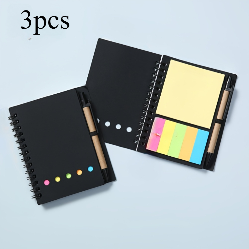 TEMU 3pcs Black Spiral Embedded Notebooks With Pen Holder, Mini Notebooks With Color Index Tabs