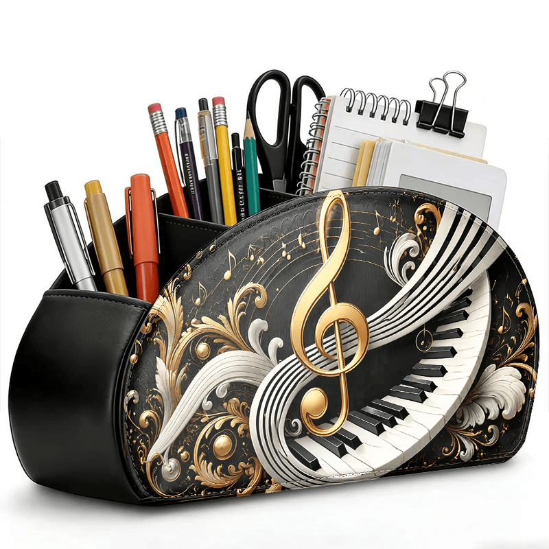 TEMU 2D Flachdruck . Schreibwaren Organizer Box - Goldenes Musiknoten- und Klaviertasten-Symphonie-Design, Mehrfachfach-Tischplatz Organizer, Ideal