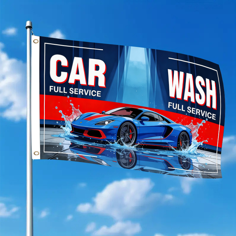 TEMU 2d Flat, 1pc Car With Water Car Wash Retro Comic 2d Flat Printing Storefront Party Festival Design - 3x5 Feet, Single-sided Hanging 2 Hole Ring,