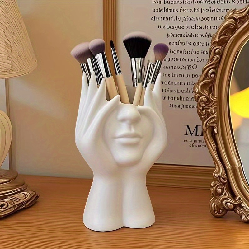 1pc     pen makeup brush holder durable plastic multifunctional desk organizer   office decor with hands covering eyes design details 2