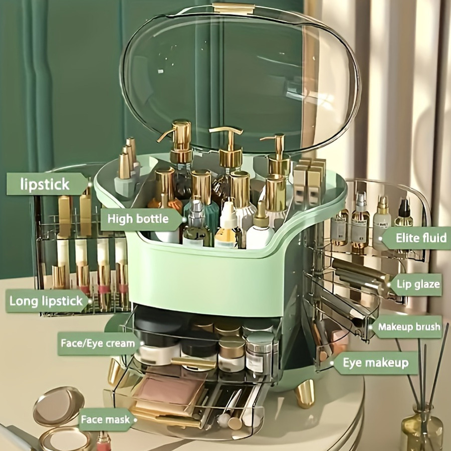 large capacity plastic cosmetic organizer with drawers & compartments - elegant pastel mint   portable makeup storage box, golden-  hardware, durable lightweight design for bathroom, vanity, bedroom - jewelry & accessory organizer, no power needed Product details 8