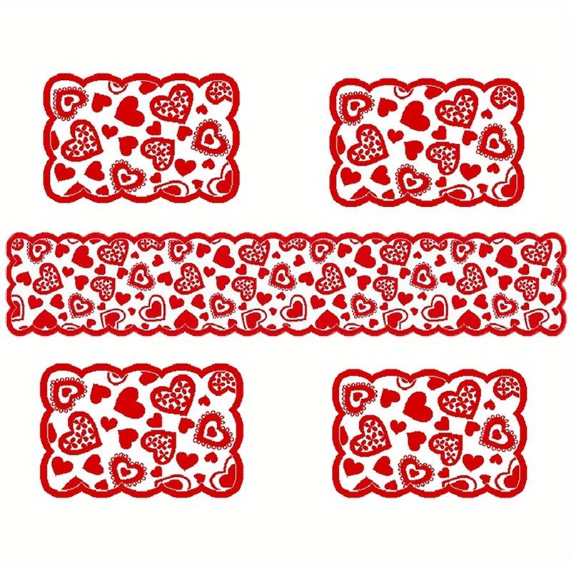 

Valentine's Day Love Heart Table Runner & Placemats Set - Red Lace Design, Polyester, Romantic Dinners & Home Decor