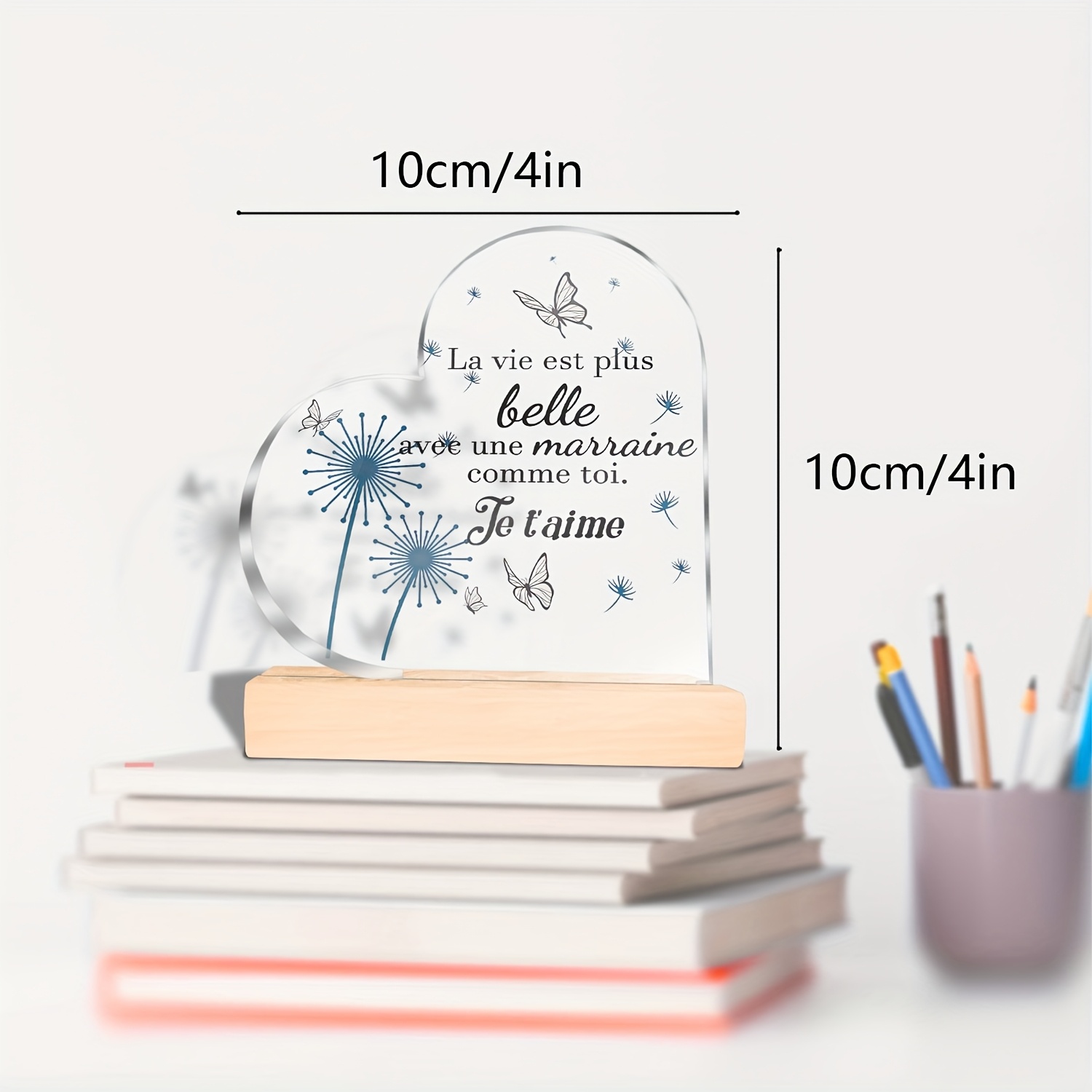 TEMU Plaque acrylique plate 2D de cœur avec base en bois - française ' Est Plus Belle Avec Une Marraine Toi', motif floral bleu papillon et ,
