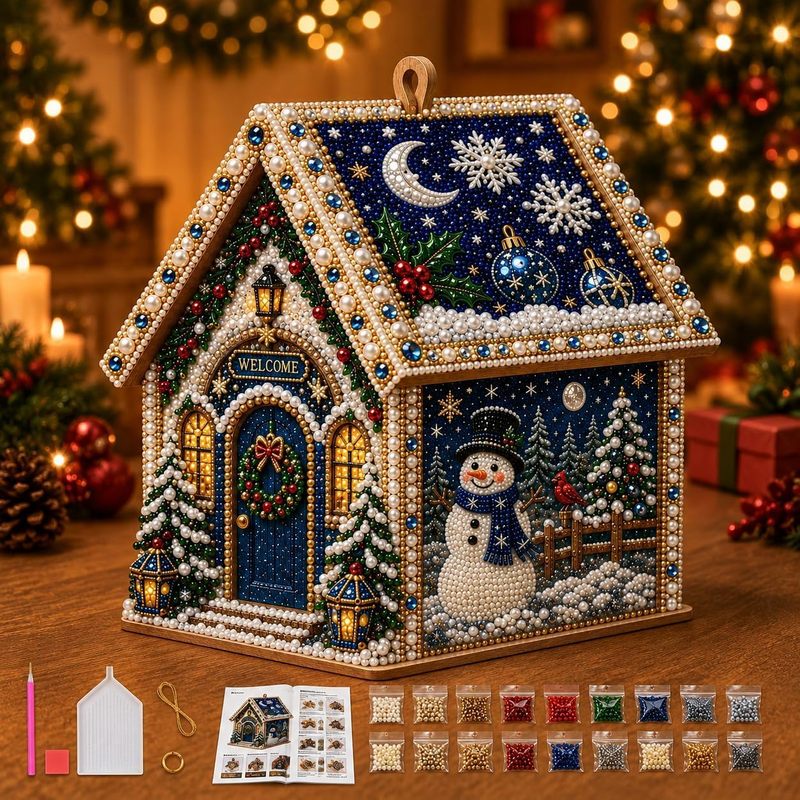 TEMU 3d Christmas Wooden House Pearl Diamond Bead Painting Material Package, Of Festive Shui Diamond Mosaic Handmade Sets, Suitable For Adults And