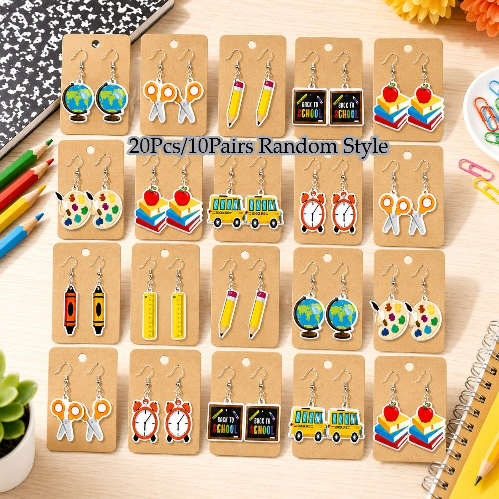 TEMU 20pcs/10 Pairs Random Styles Back-to-school Acrylic Ear Jewelry Set, First Day Of School Book And Pencil Shaped Dangle Earrings, Teacher Theme