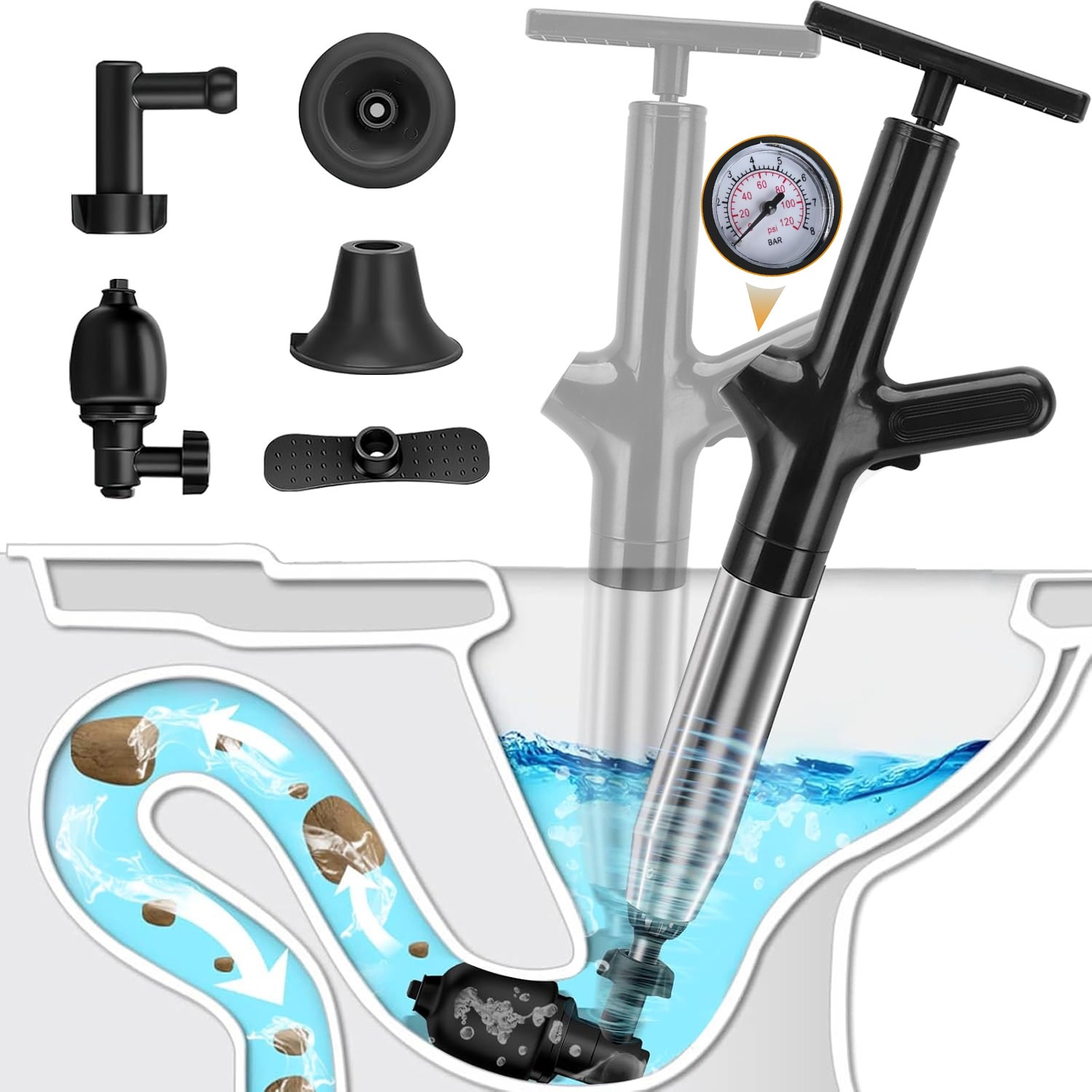Image of Heavy-duty High-pressure Manual Toilet Plunger With Air Drain Gun & Visual Pressure Gauge - Stainless Steel Drain For Sink, Toilet, Floor Drain Clogs Removal - Commercial/residential Use (no Required)
