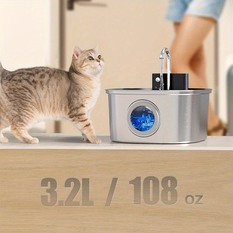 Fontaine à eau automatique en acier inoxydable de 108 oz/3,2 L - Fontaine à gravité pour chats et chiens avec distributeur d'eau coulante, alimentation par batterie/USB (IPX8), système d'eau à faible entretien pour grands animaux, tortues, oiseaux et aquariums