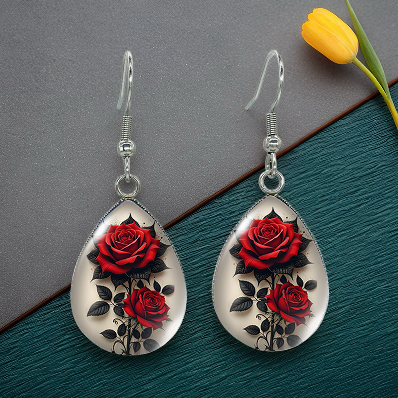 TEMU 1 Pair Romantic Red Rose Tear Drop Earring Handmade Glass Dome Dangle Earrings Jewelry Gifts