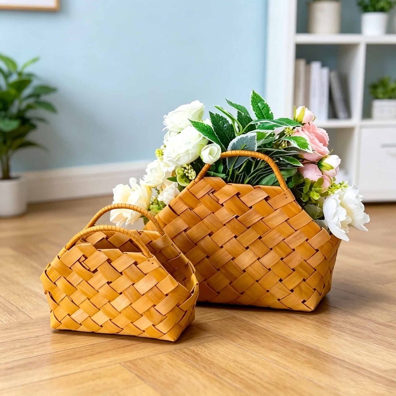 Hand-woven Bamboo Storage Basket, Bamboo Woven Gift Basket, Flower Basket with Sturdy Handle, Rustic Home Decor Tote Basket, Suitable for Wedding Party Favors, Home Kitchen Countertop Organizer, Living Room Shelf, Shelf Baskets