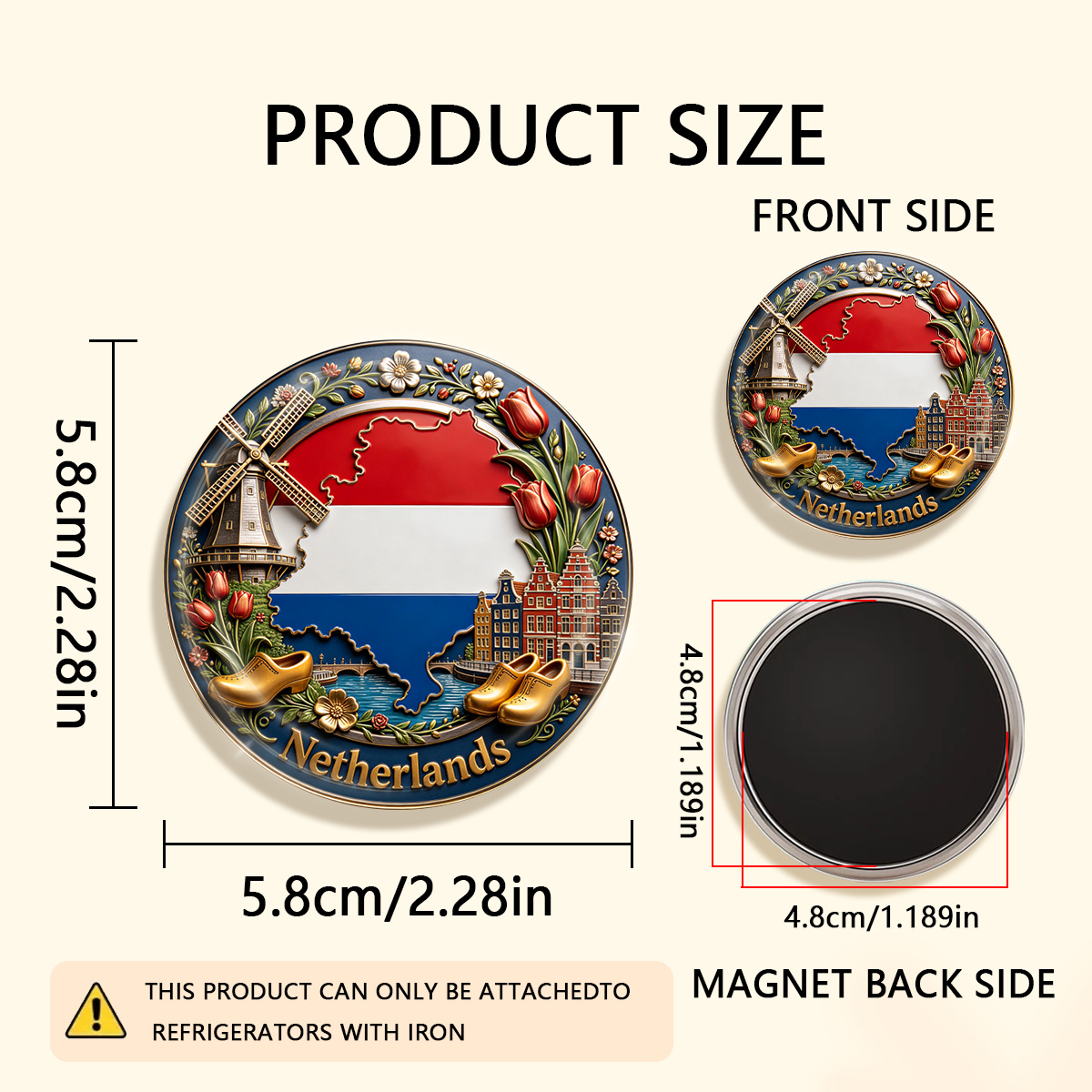 TEMU 1 Stück 2D flacher, langlebiger, runder Kühlschrankmagnet mit Niederlande-Motiv, geeignet zum Anbringen an Kühlschränken, Whiteboards,