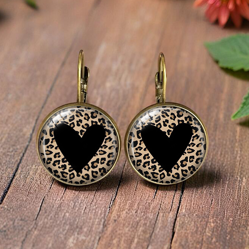E-shop Leopardenmuster Herz Minimalistischer Stil Illustriertes Glas Runde Ohrringe Mode Schmuck Geschenk, Ohne Batterie