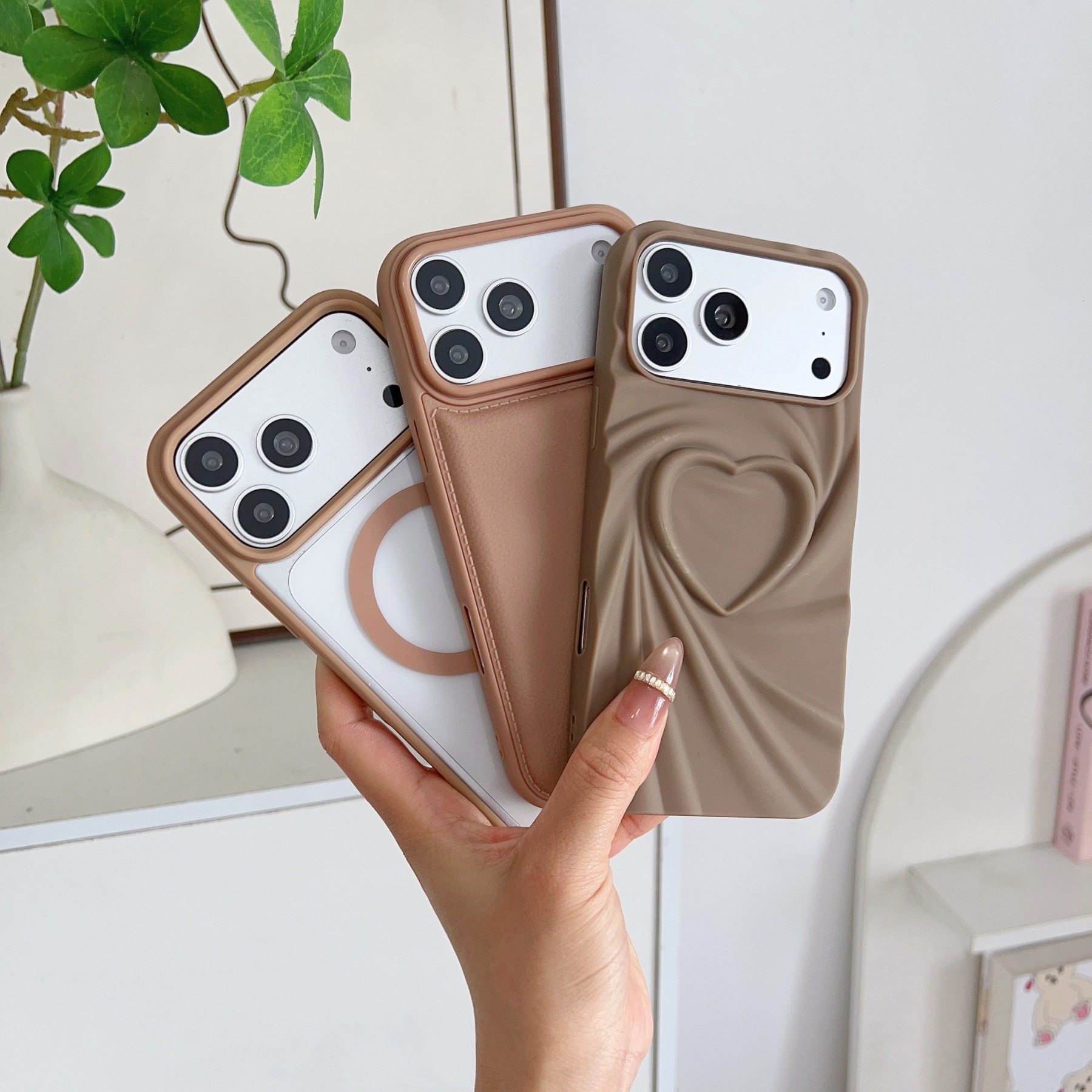 TEMU Phone Case - 3pcs Minimalist Brown Series Phone Case, With 1 Magnetic Phone Case, 1 Heart-shaped Pattern Phone Case, 1 Large Hole Phone Case,