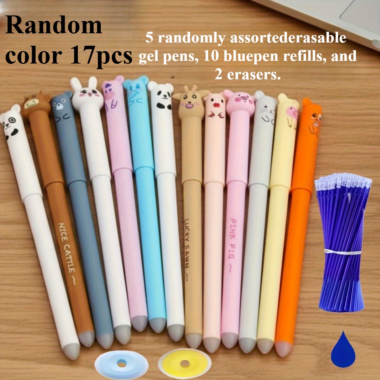 Image of Random A Set Of 17 Cute Cartoon Erasable Gel Pens (10 Pen Refills +5 Pens +2 Erasers), Suitable For Christmas Gifts, Student Presents, School Supplies, Classroom Supplies, And Exam Stationery