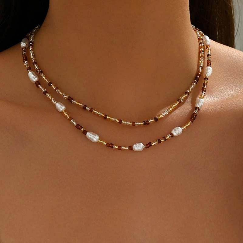 TEMU 2pcs Summer Bohemian Brown Mixed Color Round Bead Tie Neck Necklace Ethnic Style Beach Vacation Brown Bead Collar Chain, Women's Fashion Chain
