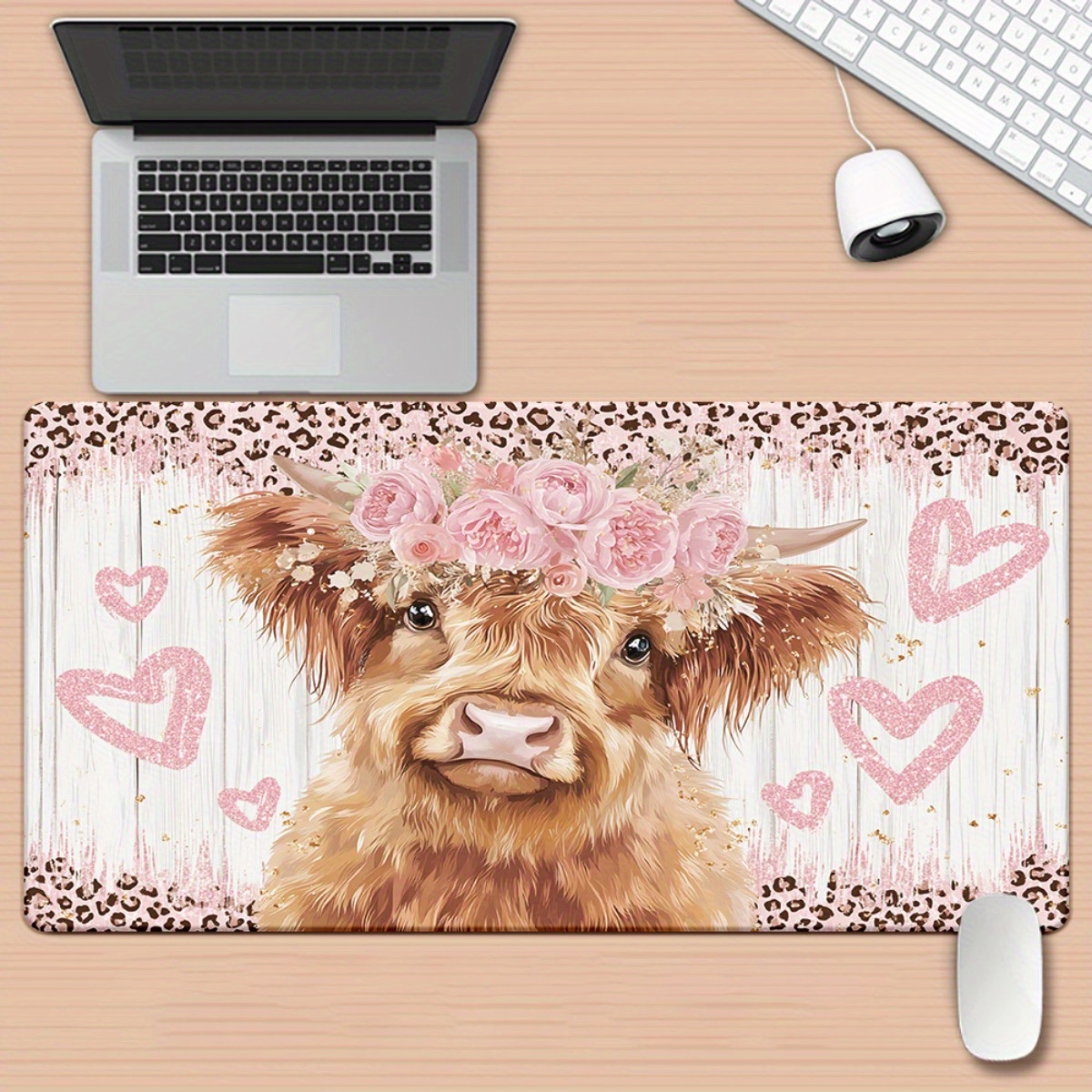TEMU 1pc Highland Cow With Pink Flowers & Hearts Xxl Mouse Pad - Non-slip Rubber Base, Large Desk Mat For Office, Gaming, And Home Decor,