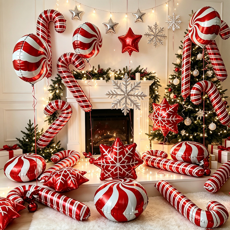 TEMU 17pcs Christmas Candy Cane Snowflake Ornament Set, Including Christmas Candy Foil Balloons, Red And Cane Balloons, Snowflake Foil Balloons,