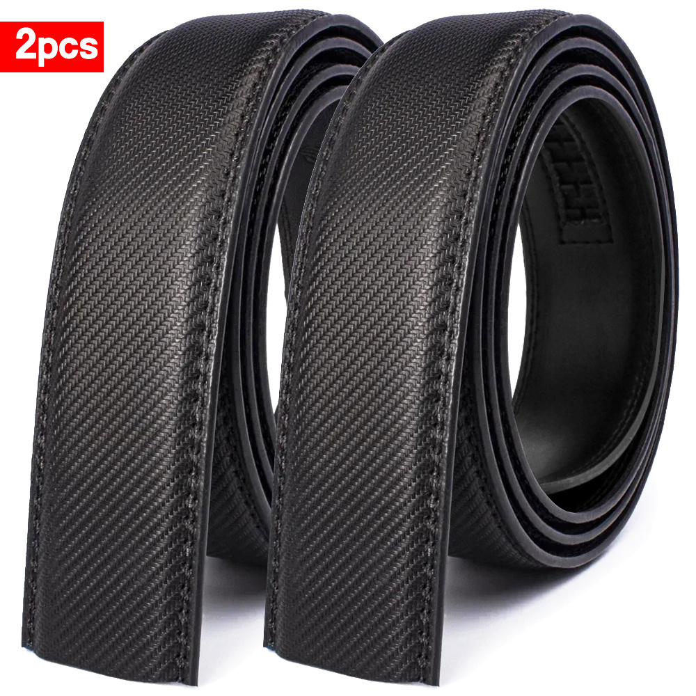 

2pcs Fashionable Men's Genuine Leather Ratchet Belts - Embossed, No , Automatic Closure, Casual Black Striped Belt, 3.5cm Width, Customizable Length, Leather Belt