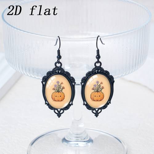 2d flat 1 pair of gothic style oval earrings with black frames suitable for halloween and dia de los muertos carving featuring a face pumpkin vase light yellow vase with black frame unisex for daily wear or accessorizing year round