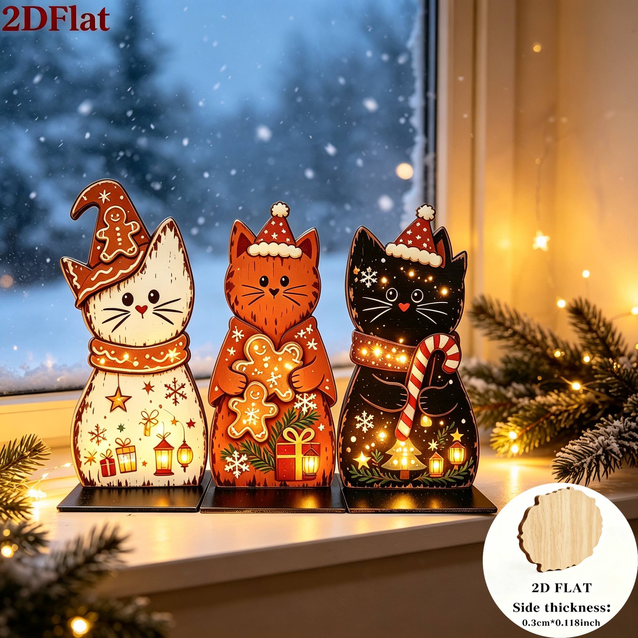 TEMU 2d Flat, 3pcs Christmas Gingerbread Cat Ornament Set, Featuring Gingerbread, Candy Canes, Stars, Snowflakes, Gift Boxes, Small Lanterns, And