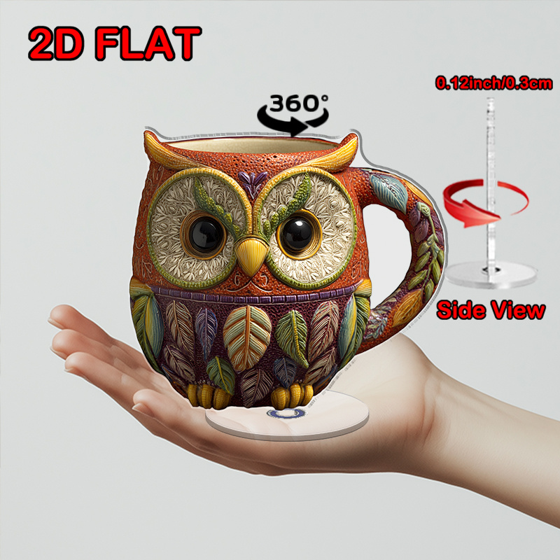 2d flat 1pc rotatable owl mug with vibrant orange exterior intricate leaf design 2d flat acrylic desktop ornament perfect gift for   halloween decor no electricity needed   3