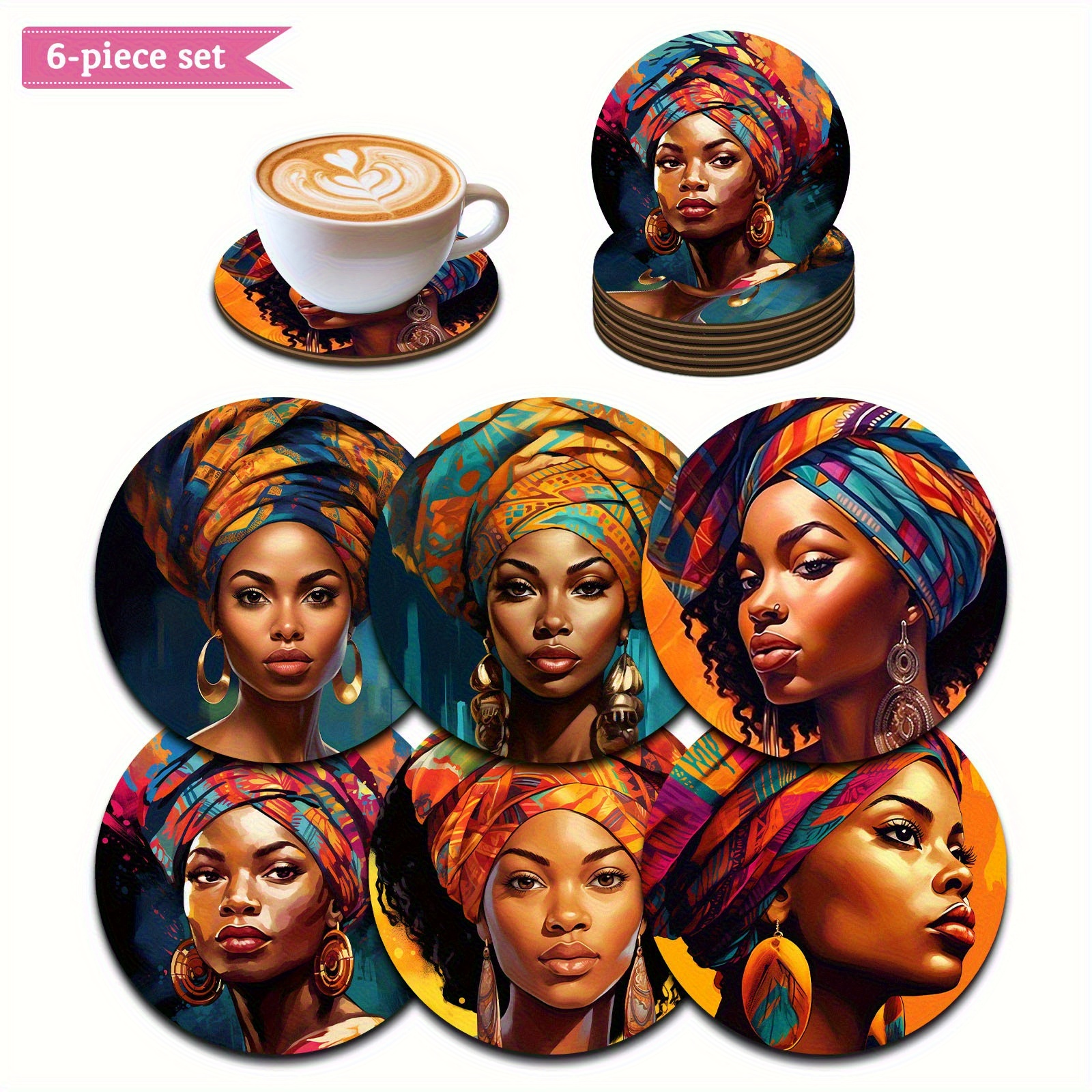 TEMU 6 Printed Round Wooden Coasters - Suitable For , , Bridal Shower Gifts, Beautiful African American Women, Beverage, Coffee, And Designs - Home