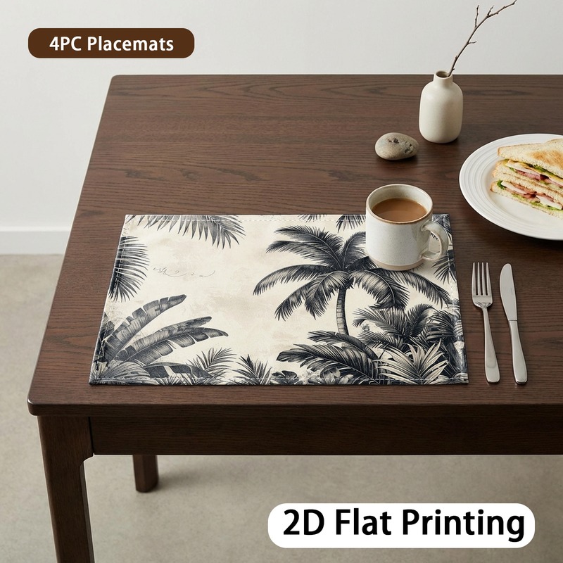 TEMU Lot de 4 sets de table rectangulaires imprimés 12*18 pouces (30*) en tissu lavable, motif feuillage de palmier tropical monochrome vintage,