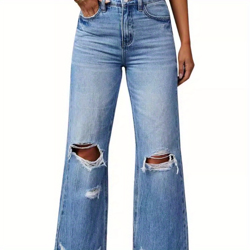 

Chic Distressed Bell Bottom Jeans For Women - Hem, Wide Leg Denim Pants With Slash Pockets, Machine Washable - Spring/fall, Boyfriend, Ripped