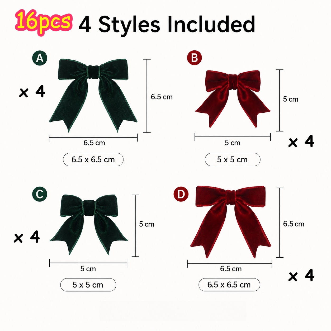 Image of 16pcs Red Green Velvet Christmas Bows, Tail Xmas Ribbon Bows, Mini Decorative Bows For Christmas Tree, Gift Box Wrapping, Home Holiday Decor