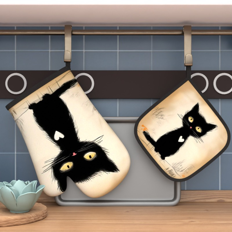 

2pcs Cute Black Cat Oven Mitts & Potholders - Heat Resistant, Heart-shaped Design For Cooking, Baking, Grilling, And Kitchen Decor, Polyester Material, Machine Washable, Oven Mitts And Pot Holders